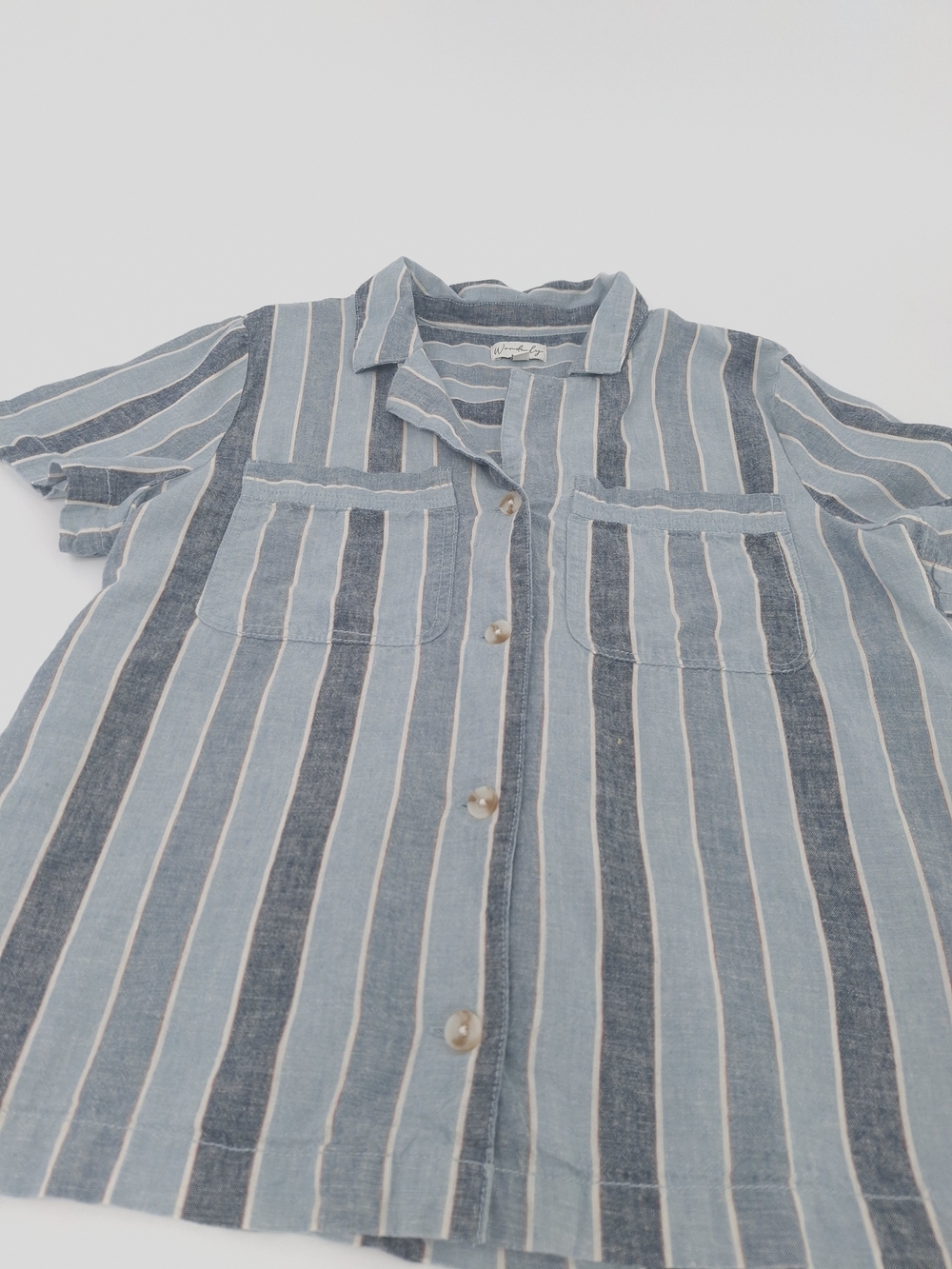✨Wonderly Blue & White Vertical Striped Camp Shirt Short Sleeve Button Down L✨ - Picture 9 of 13
